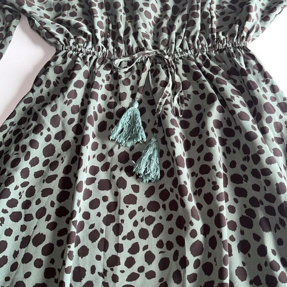 Main Strip Women's Green Black Leopard Long Sleeve Dress Ruffled Size Medium - Picture 7 of 15